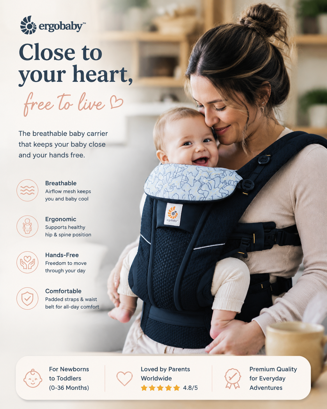 Go Baby ergonomic breathable carrier, front view