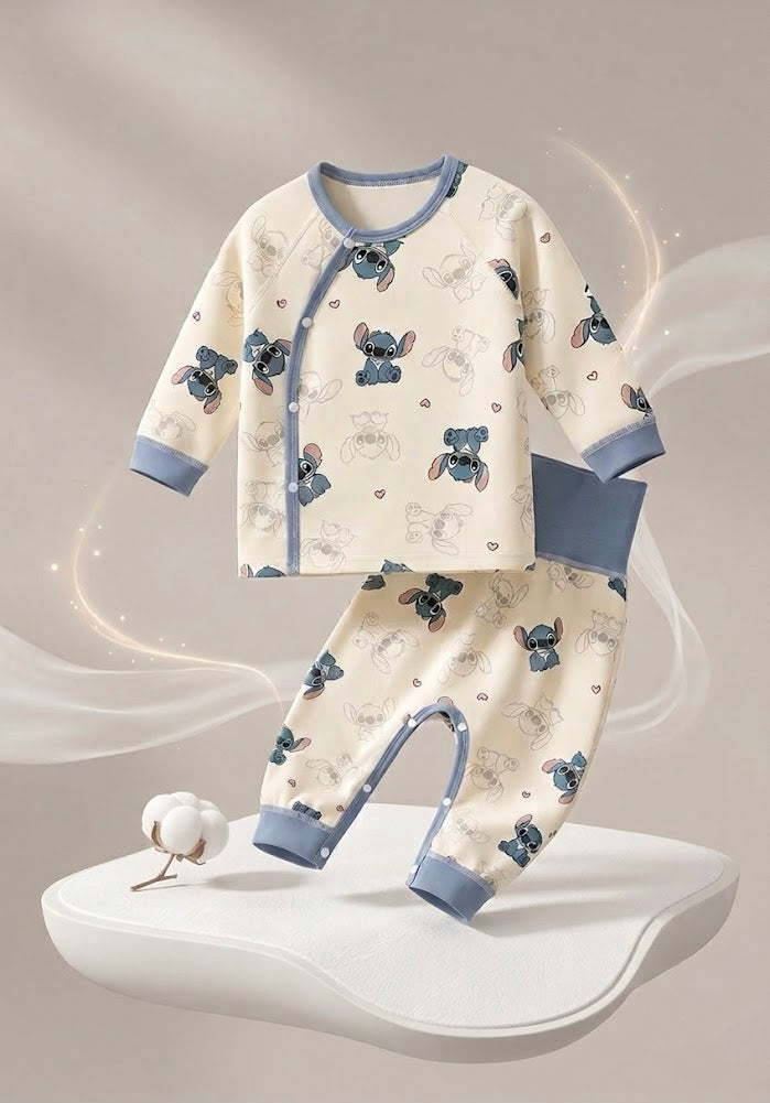 Stitch Print Baby 2-Piece Cotton Pajama Set – Soft Kimono Top &amp; Pants