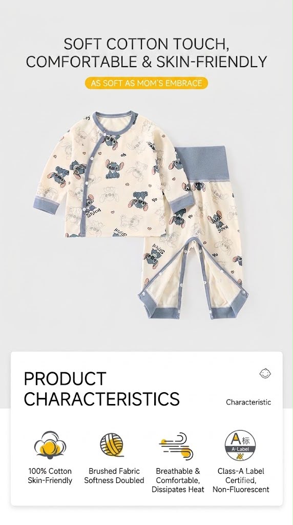 Stitch Print Baby 2-Piece Cotton Pajama Set – Soft Kimono Top &amp; Pants